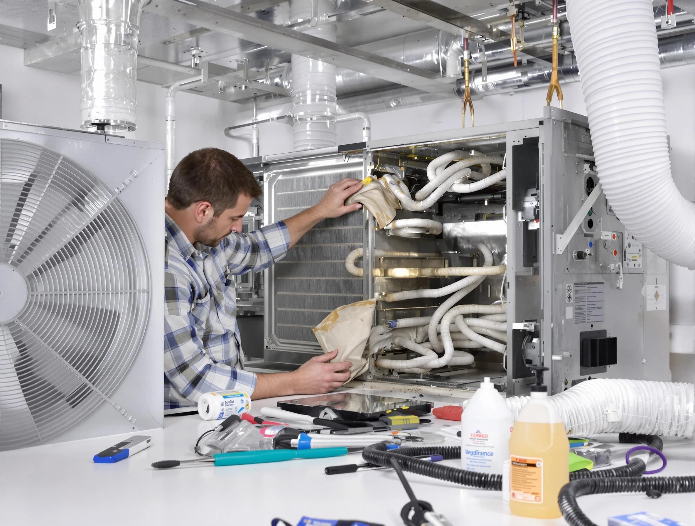 The Village Air Duct Cleaning specialist performing precision AC coil cleaning in The Village