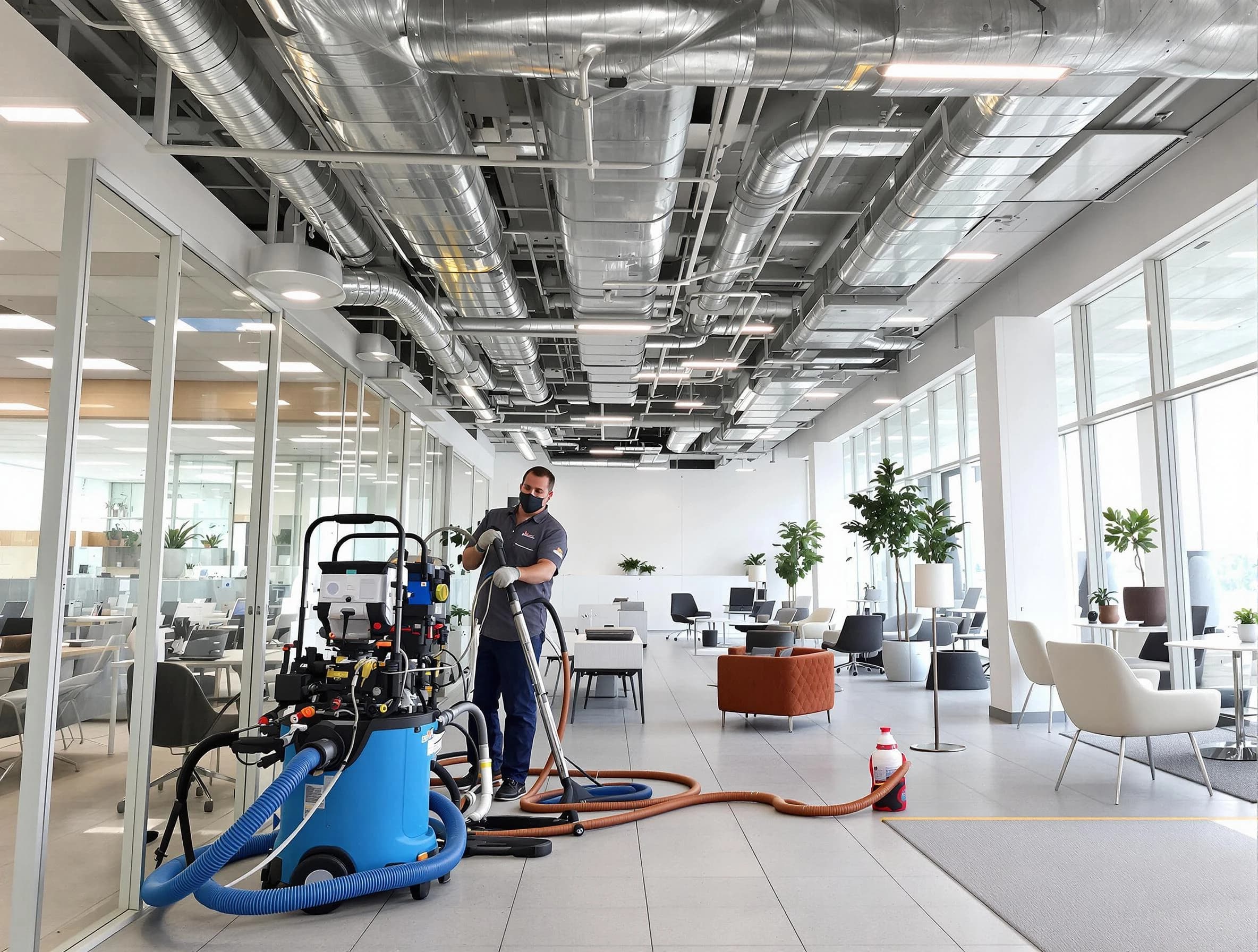 The Village Air Duct Cleaning team conducting comprehensive commercial duct cleaning at a business location in The Village